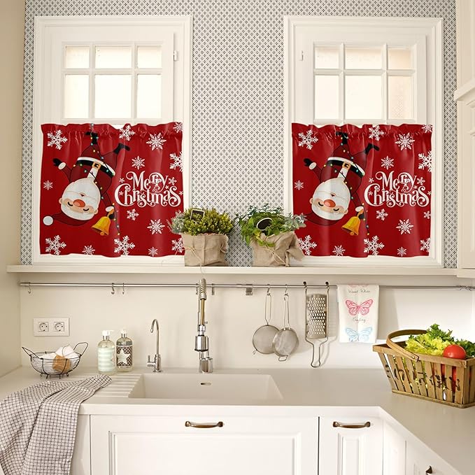 Red Merry Christmas Kitchen Curtains and Valances Set, Funny Hanging Santa Windows Treatments Tiers Half/Short Curtains for Small Windows Cafe /Living Room/ Bedroom 54x36 in Snow Winter Holiday