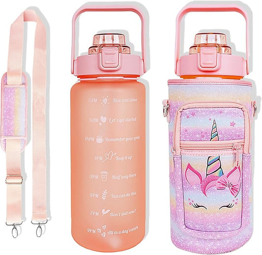 64 oz Water Bottle with Straw Sleeve & Strap Motivational Half Gallon Water Jug with Handle for Gym Women Men Aesthetic Water Bottle with Strap Unicorn