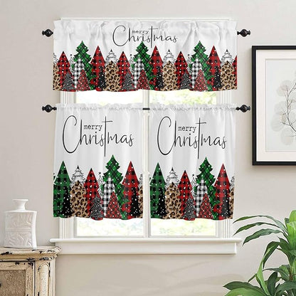 Merry Christmas Kitchen Curtains and Valances Set, Buffalo Plaid Xmas Tree Winter Forest Farmhouse Small Windows Treatments Tiers Short Curtains for Cafe /Living Room/ Bedroom 54x36 in Red Green