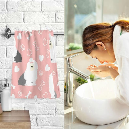 Pink Old English Sheepdog Bath Hand Towel Soft Cotton Highly Absorbent Fingertip Towels for Bathroom Beach Kitchen Sports Gym Yoga Travel (2-Pieces Towel Sets, 28x16 inch)
