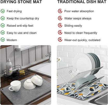 Stone Dish Drying Mat for Kitchen Counter 15.6 x 11.7 Inch Quick Dry Dish Drying Stone Super Absorbent Diatomaceous Earth Dishes Drying Mat with Non-Slip Feet for Kitchen Sink Water Absorbing - Grey