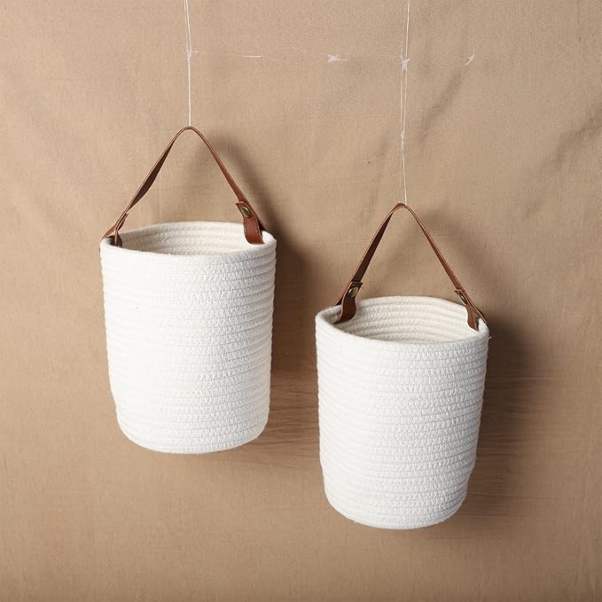 Hanging Basket(2Piece) Wall Woven Cotton Rope Storage Basket with Leather Decorative Baskets Organizer for Kitchen Office Bedroom,Plants,Towels, Toys