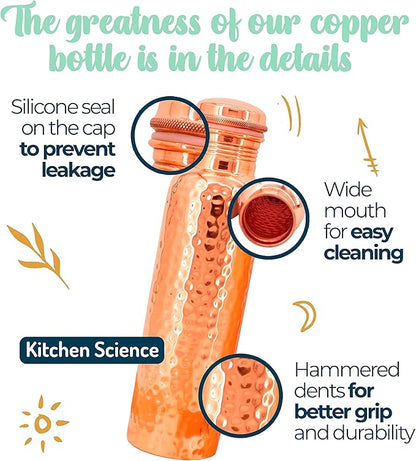 Copper Water Bottle (34oz/1000ml) w/a Carrying Canvas Bag | 100% Pure Copper Bottle for Drinking Water | Lab-Tested, Heavy Duty & Leak-Proof | Authentic Ayurvedic Copper Water Bottle