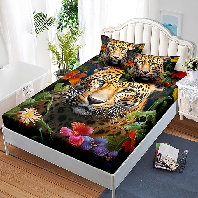 AILONEN Leopard Print Fitted Sheet Set Queen Size for Boys,Safari Cheetah Bed Sheet Set Queen, Jungle Animal Leopard Sheet Set 3 Pieces Wildlife Fitted Sheet with 2 Pillowcases