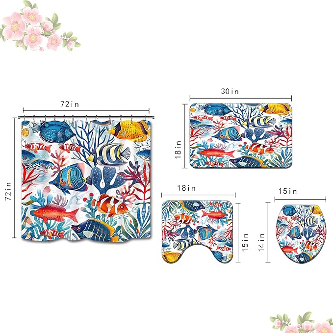 4PCS Fish Shower Curtain Set with 12 Hooks for Bathroom Sets Fish Decor, Non-Slip Rugs and Toilet Mat Lid Rug, Durable Waterproof for Bathroom Ocean Underwater World Tropical Fish Decor 72x72 Inch