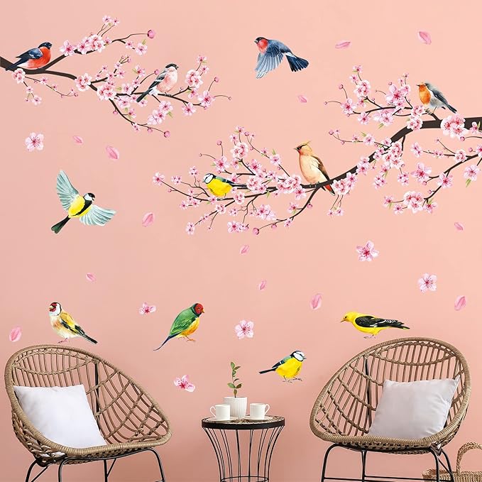 Amaonm 4 Sheets of 12"x36" Removable Pink Red Cherry Blossom Flowers Wall Stickers DIY Flying Birds and Tree Brances Wall Decals 3D Peel and Stick Floral art Decor for Kids Girls Bedroom Living Room Nursery Decoration (51"x75")