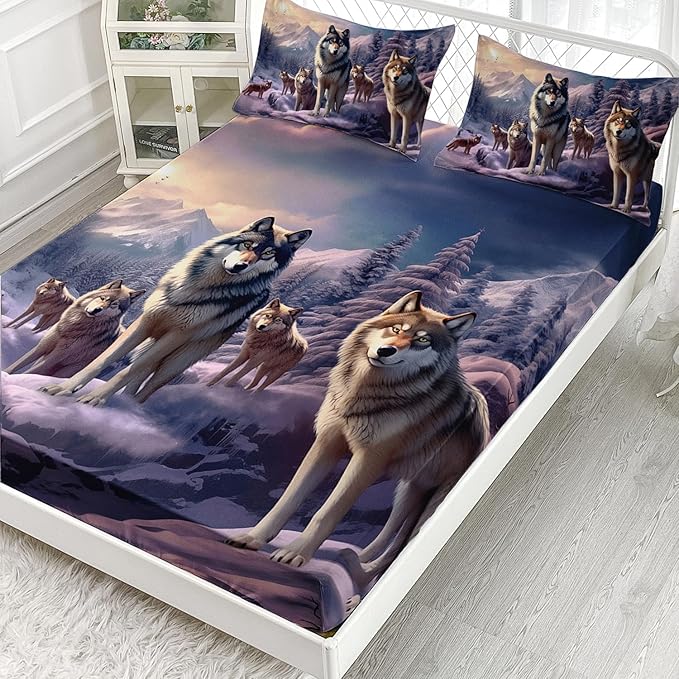 AILONEN Snow Wolf Fitted Sheet Set Twin Size, Winter Sunset Wildlife Wolf Bed Sheet Set for Boys Girls Adults,Safari Wolves Print Fitted Sheet with 2 Pillowcases,3 Pieces