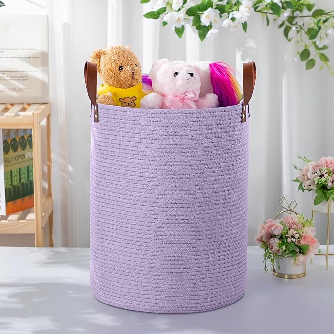 80L Large Rope Basket, Woven Rope Storage Basket with Leather Handles, Dog Toy Storage Basket, Bedroom, Nursery Blanket Storage, Bathroom Laundry Basket, 16“x20” Tall Rope Basket (Purple)