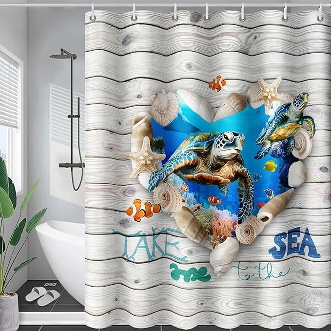 AILONEN 3D Printed Sea Turtle Shower Curtain, Ocean Coast Wooden Style Bathroom Curtain,Shell Turtle Bath Curtain 60" W*72" H Polyester Waterproof Bathroom Curtain with 12 Hooks