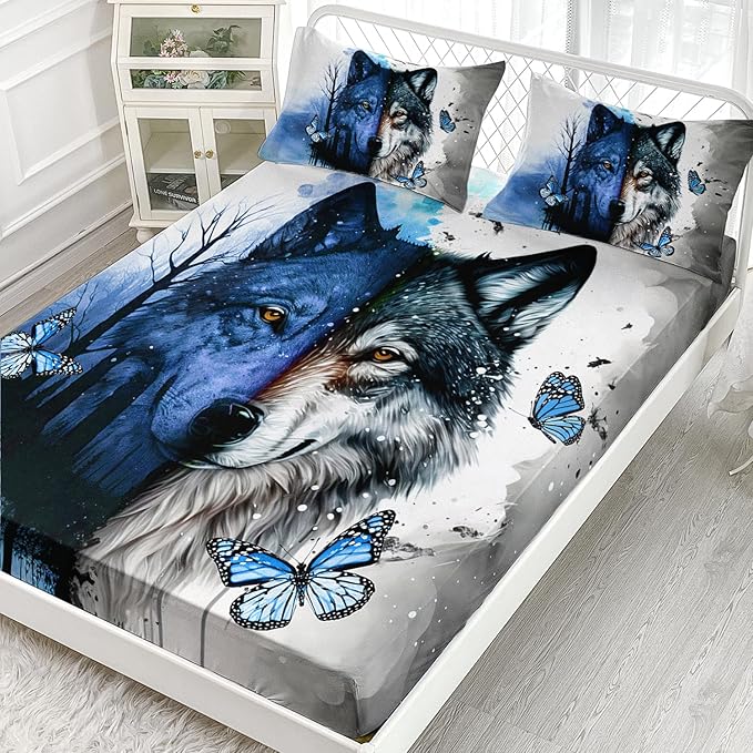 AILONEN Wolf Fitted Sheet Set Twin XL Size Tie Dye Wolf Sheet Set for Boys Girls,Animal Wolf Wildlife Bed Sheet with 2 Pillowcases,3 Pieces Watercolor Wolf Print Bed Sheet Set