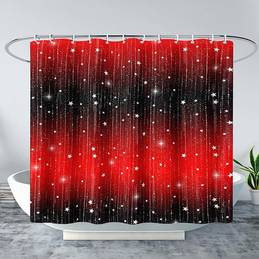 AILONEN White Star Shower Curtain,Starry Sky Waterproof Fabric Shower Curtain Sets for Girls Kids Teens, 36" W*72" H Black and Red Theme Shower Curtain
