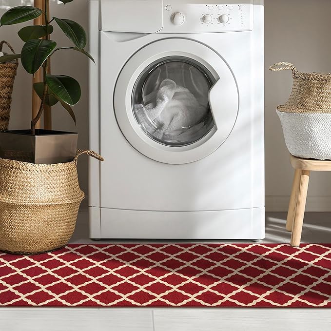 Ottomanson Machine Washable Elegant Trellis Design Non-Slip Rubberback 2x7 Traditional Runner Rug for Hallway, Kitchen, Bedroom, Living Room, 1'10" x 7', Red