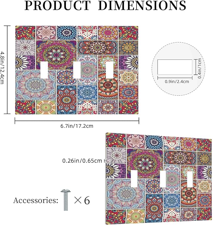 Morocco Talavera Mexican Tiles Printed Colroful Mandala 3 Gang Light Switch Covers Triple Toggle Wall Plate Decorative Switchplate Electrical Faceplate for Kitchen Bathroom Bedroom Decor