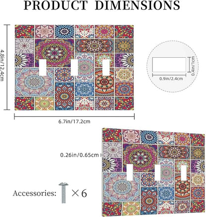 Morocco Talavera Mexican Tiles Printed Colroful Mandala 3 Gang Light Switch Covers Triple Toggle Wall Plate Decorative Switchplate Electrical Faceplate for Kitchen Bathroom Bedroom Decor