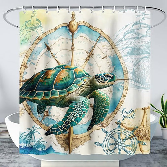 AILONEN 3D Sea Turtle Shower Curtain,Green Sea Turtle Shower Curtain for Bathroom,Nautical Anchor Waterproof Fabric Shower Curtain Set with Hooks,72" W*78" H