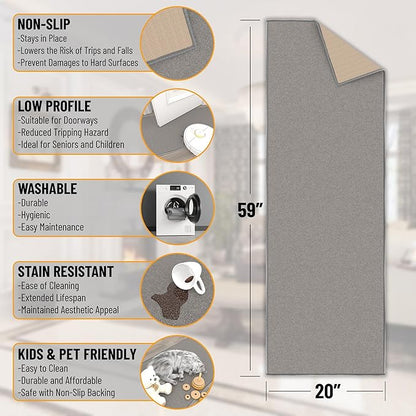 Machine Washable Modern Solid Design Non-Slip Rubberback 2x5 Traditional Runner Rug for Hallway, Kitchen, Bedroom, Entryway, 20" x 59", Gray