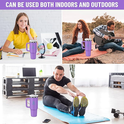 40oz stainless Steel Insulated Tumbler with Handle, lid and straw for cold water, Iced tea, or coffee - 100% Leak-Proof - Cupholder Friendly Travel Mug- Gifts for Women Men Him Her (Purple)