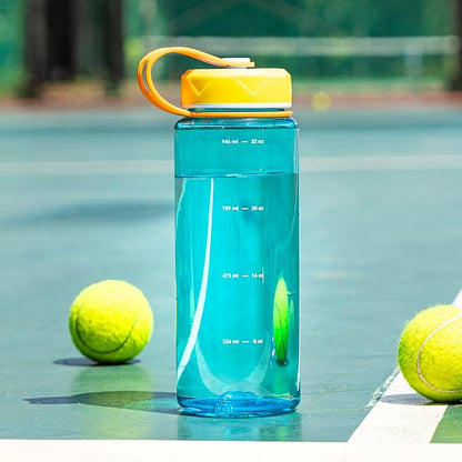 bzyoo HydroPop 36oz Water Bottle w/Strap - Leak-Proof, Hydration Intake Tracking Measurement, Wide Mouth for Ice. Perfect for Gym, Travel, Outdoor - Color Blue