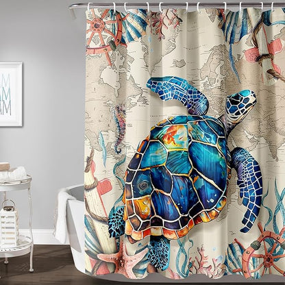 AILONEN Sea Turtle Shower Curtain, Retro World Map Voyage Coast Ocean Bath Curtain,Sea Turtle Bathroom Curtain Decor,Boys Adults Polyester Waterproof 72" W*72" H Shower Curtain (12 Hooks)