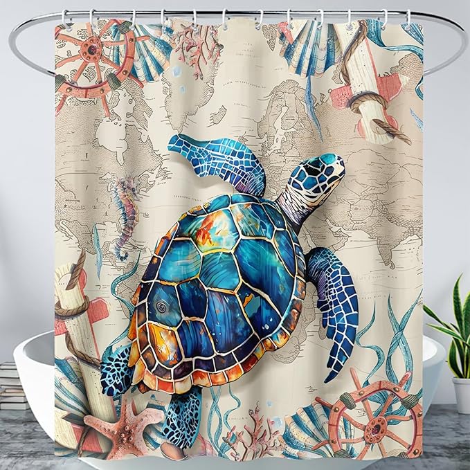 AILONEN Sea Turtle Shower Curtain, Retro World Map Voyage Coast Ocean Bath Curtain,Sea Turtle Bathroom Curtain Decor,Boys Adults Polyester Waterproof 72" W*78" H Shower Curtain (12 Hooks)