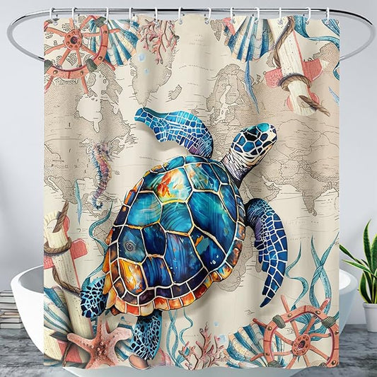 AILONEN Sea Turtle Shower Curtain, Retro World Map Voyage Coast Ocean Bath Curtain,Sea Turtle Bathroom Curtain Decor,Boys Adults Polyester Waterproof 60" W*72" H Shower Curtain (12 Hooks)