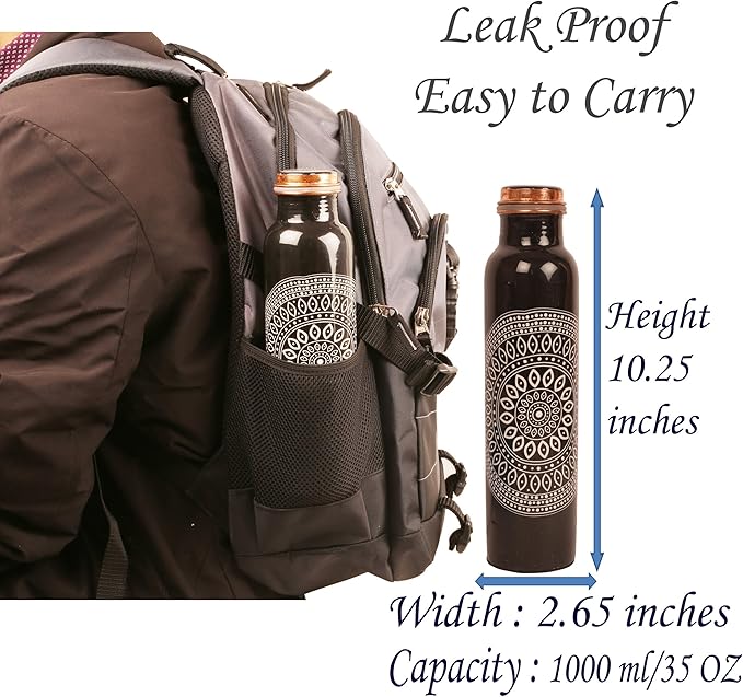 Pure Copper Water Bottle - Handcrafted - Ayurveda health benefits - Large 35 oz - Leak proof - Easy to carry for Sports, Fitness, Yoga, School - Ethnic Rangoli Inspired Black Base Enamel