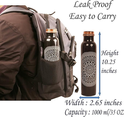 Pure Copper Water Bottle - Handcrafted - Ayurveda health benefits - Large 35 oz - Leak proof - Easy to carry for Sports, Fitness, Yoga, School - Ethnic Rangoli Inspired Black Base Enamel
