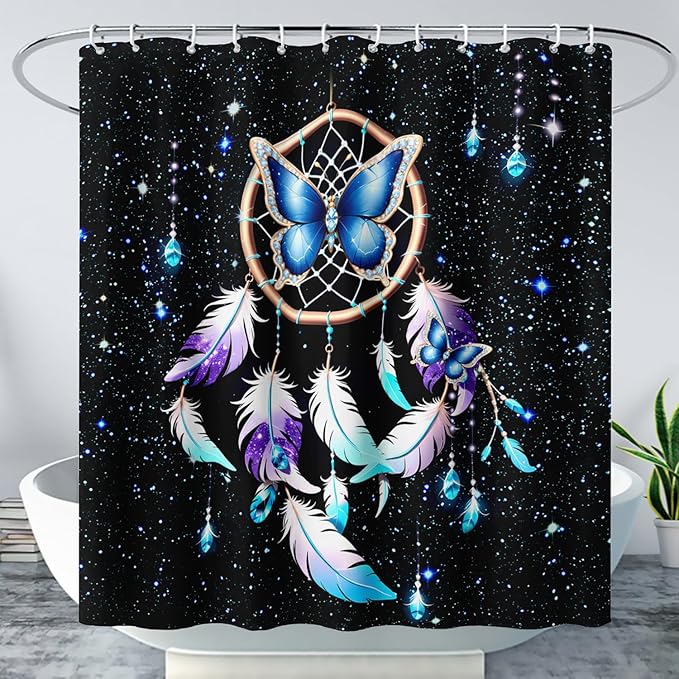 AILONEN Butterfly Dreamcatcher Shower Curtain, Blue Starry Galaxy Butterfly Bath Curtain,Dream Catcher Feather Print Waterproof Bathroom Curtain with 12 Plastic Hooks for Girls Women 48" W*72" H