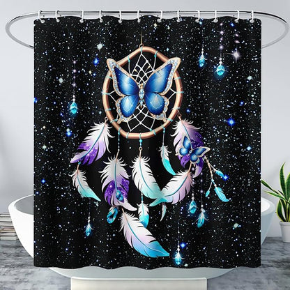 AILONEN Butterfly Dreamcatcher Shower Curtain, Blue Starry Galaxy Butterfly Bath Curtain,Dream Catcher Feather Print Waterproof Bathroom Curtain with 12 Plastic Hooks for Girls Women 72" W*96" H