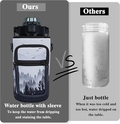 64 oz Water Bottle with Straw Sleeve & Strap Motivational Half Gallon Water Jug with Handle for Gym Women Men Aesthetic Water Bottle with Strap Bird