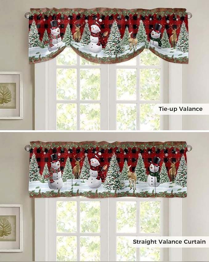 Christmas Snowman Blackout Tie Up Valance Curtains for Kitchen Windows Christmas Tree Window Toppers Balloon Shades for Living Room/Bathroom/Bedroom,1 Panel,60" X 18" Red Xmas Snowy Winter