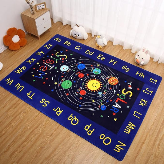 Kids Rug Baby Play Mat Solar System Learning Rug, ABC Alphabet Educational Area Rugs for Classroom Kids Room Baby Playroom Mat Kids Foam Rug Playtime Activity Mat for Toddler 3 x 5