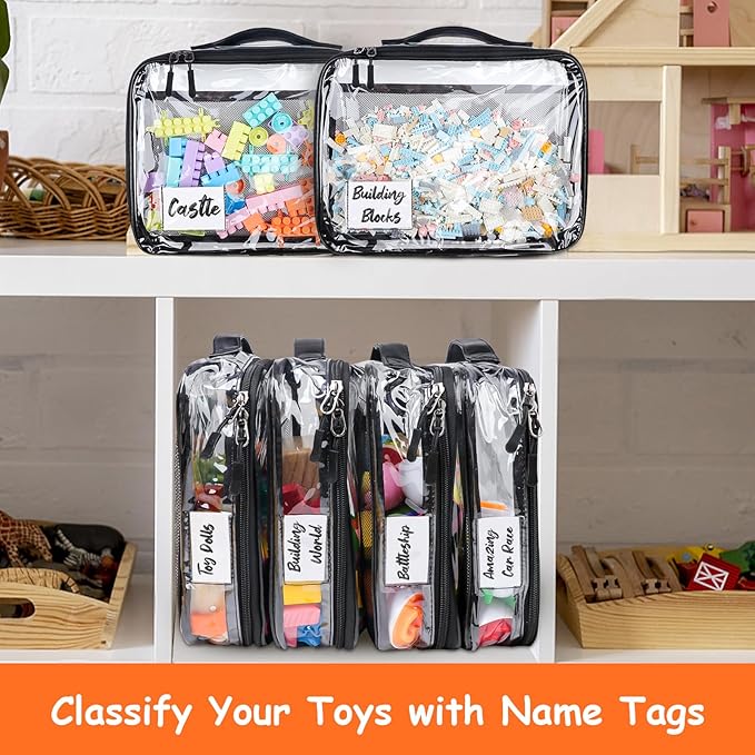 4 Pack Toy Storage Organizer Bag for Lego Bricks, Clear PVC Zippered Block Set with Manual Pocket& Name Tag, Waterproof Toy Carrying Case for Board Games, Building Blocks& Puzzles (Large Black)