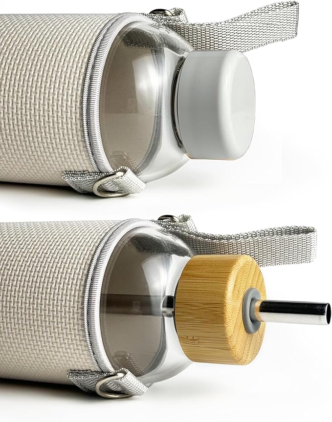 32 oz Motivational Glass Water Bottles with 2 Lids | Sports Water Bottle with Neoprene Sleeve and Adjustable Strap (White Plastic Lid and Bamboo Lid with Straw)