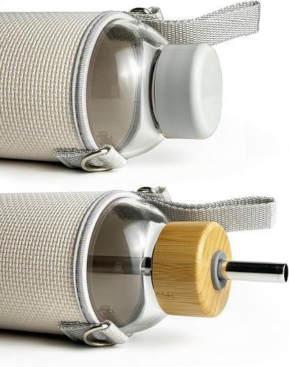 32 oz Motivational Glass Water Bottles with 2 Lids | Sports Water Bottle with Neoprene Sleeve and Adjustable Strap (White Plastic Lid and Bamboo Lid with Straw)