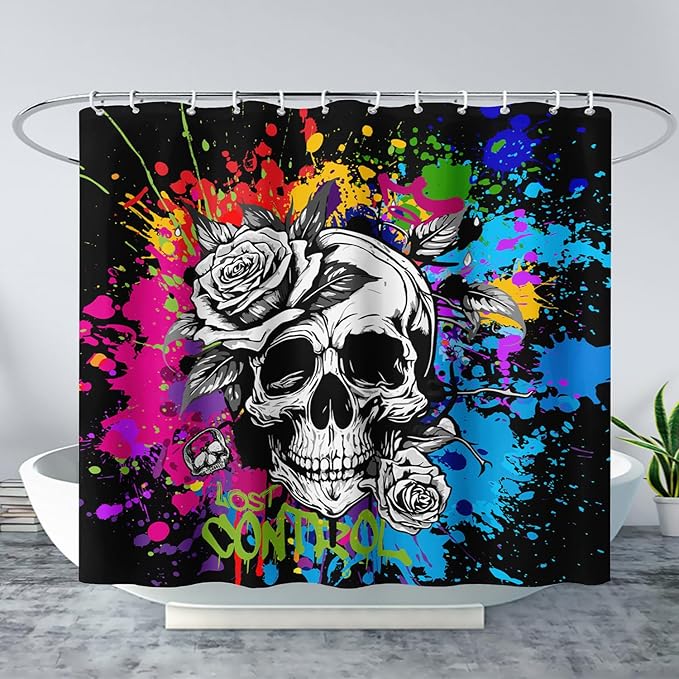 AILONEN Rose Skull Shower Curtain for Bathroom,Colorful Graffiti Art Bathroom Curtain for Kids Boys Girls,Bath Curtain 72" W*78" H Polyester Waterproof Bathroom Curtain with 12 Hooks