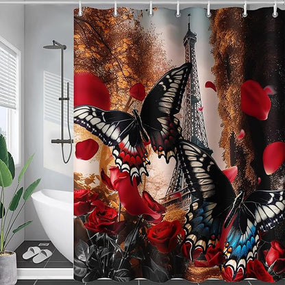 AILONEN Butterfly Shower Curtain for Bathroom,Romantic Red Rose Flower Butterfly Bath Curtain 72" W*84" H,Retro Eiffel Tower Decoration Waterproof Bathroom Curtain with 12 Plastic Hooks