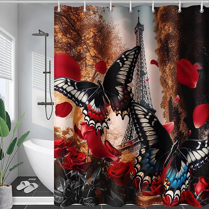 AILONEN Butterfly Shower Curtain for Bathroom,Romantic Red Rose Flower Butterfly Bath Curtain 36" W*72" H,Retro Eiffel Tower Decoration Waterproof Bathroom Curtain with 12 Plastic Hooks