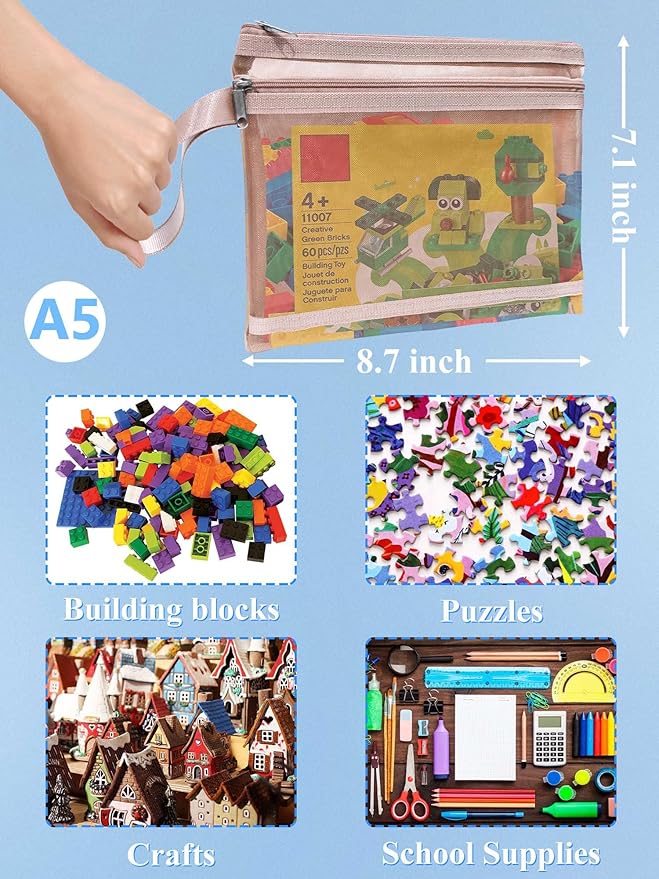 A5-2Layers 10 Pack Colored Mesh Zipper Pouch Bags, Double-Layer Nylon Puzzle Building Block Sets Toy Storage & Organization, Breathable See Through Zipper Pouch