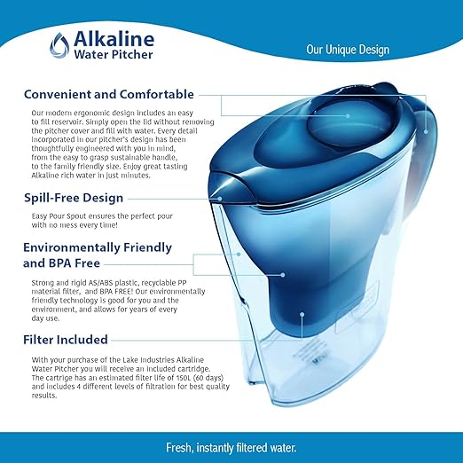 Alkaline Water Pitcher - 3.5 Liters, Free Filter Included, 7 Stage Filteration System to Purify and Increase PH Levels