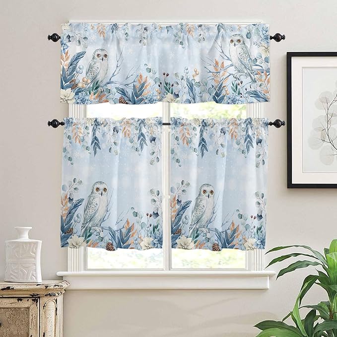Blue Christmas Kitchen Curtains and Valances Set, Winter Snowy Owl Poinsettia Eucalyptus Leaves Windows Treatments Tiers Half/Short Curtains for Small Windows Cafe /Living Room/ Bedroom 54x24 in