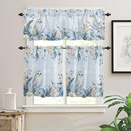 Blue Christmas Kitchen Curtains and Valances Set, Winter Snowy Owl Poinsettia Eucalyptus Leaves Windows Treatments Tiers Half/Short Curtains for Small Windows Cafe /Living Room/ Bedroom 54x24 in