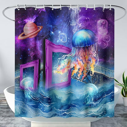 AILONEN Colorful Jellyfish Shower Curtains,Purple Galaxy Bath Curtains,Planet Jellyfish Curtains for Kids Boys Girls,Polyester Waterproof for Bathroom with 12 Hooks,48" W*72" H Purple