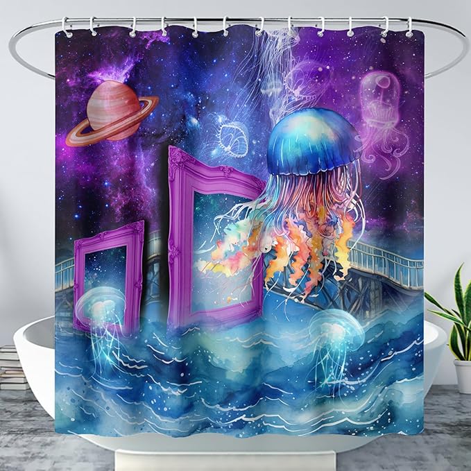 AILONEN Colorful Jellyfish Shower Curtains,Purple Galaxy Bath Curtains,Planet Jellyfish Curtains for Kids Boys Girls,Polyester Waterproof for Bathroom with 12 Hooks,60" W*72" H Purple
