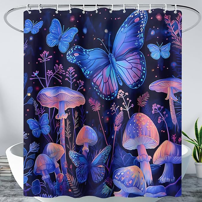 AILONEN Blue Butterfly Shower Curtain,Magic Mushroom Waterproof Fabric Bath Curtain for Kids Girl,Boho Style Shower Curtain Set for Bathroom,Natural Fungal Plant Shower Curtain with Hooks 48" W*72" H