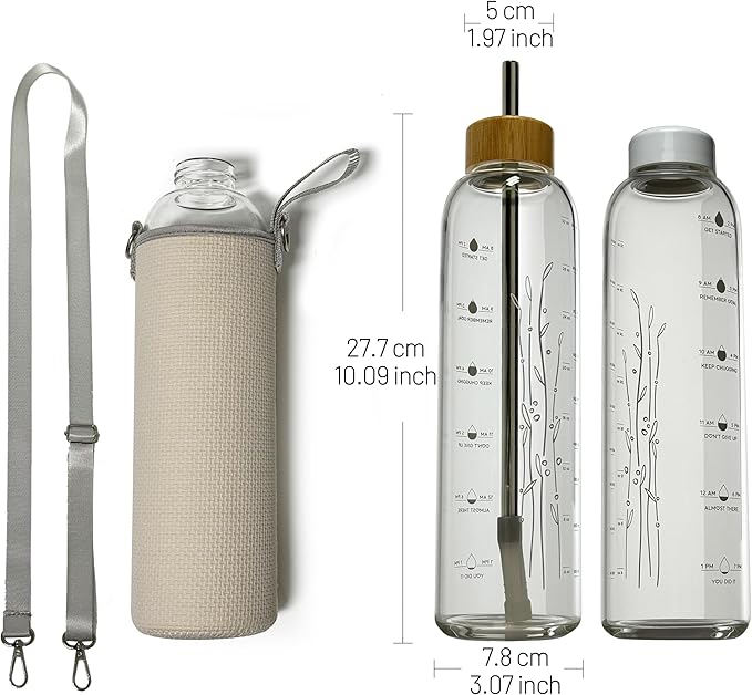 32 oz Motivational Glass Water Bottles with 2 Lids | Sports Water Bottle with Neoprene Sleeve and Adjustable Strap (White Plastic Lid and Bamboo Lid with Straw)