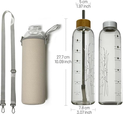 32 oz Motivational Glass Water Bottles with 2 Lids | Sports Water Bottle with Neoprene Sleeve and Adjustable Strap (White Plastic Lid and Bamboo Lid with Straw)