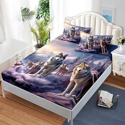 AILONEN Snow Wolf Fitted Sheet Set Twin Size, Winter Sunset Wildlife Wolf Bed Sheet Set for Boys Girls Adults,Safari Wolves Print Fitted Sheet with 2 Pillowcases,3 Pieces