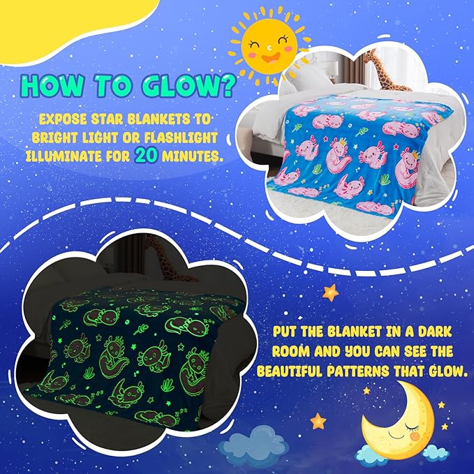 Axolotl Gifts Toys for Girls Kids - Axolotl Blanket Glow in The Dark for Toddler Bedroom Decor Axolotl Gifts Toys for Kid 3 4 5 6 7 8 9 10 11 12