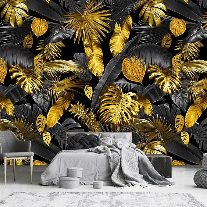 3D Black and Gold Leaves and Tropical Palm Leaves Wallpaper for Bedroom (Not Peel and Stick)